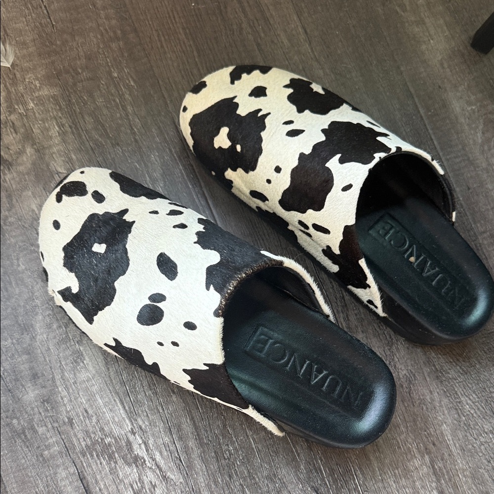 Nuance Cow Print Black and White Mules
